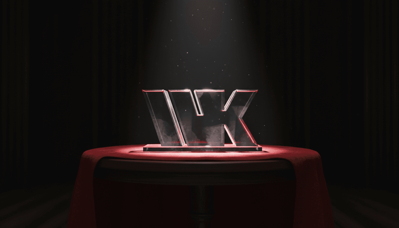 A glass WK crest on a red velvet table under a spotlight